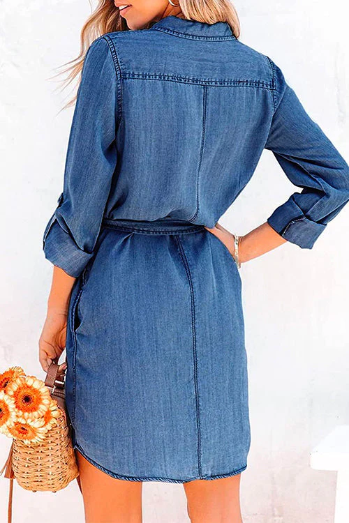 Tie Waist Denim Shirt Dress with Rolled SleevesClistos