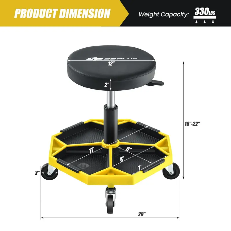 Rolling Mechanic Stool with Height-Adjustable Seat (16″–22″) and Detachable Magnetic Tool Tray