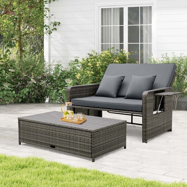 Costway Wicker Loveseat Sofa Set Patio Rattan Daybed with Ottoman and