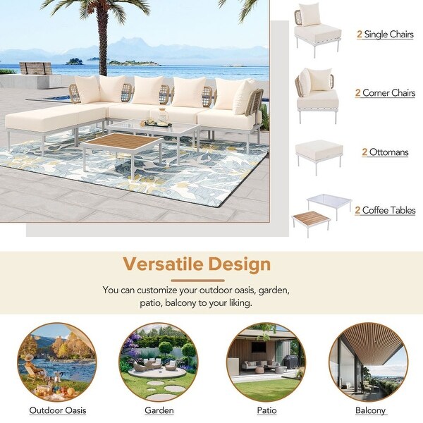 8Piece Patio Sectional Sofa Set with Tempered Glass Coffee Table and Wooden Coffee Table
