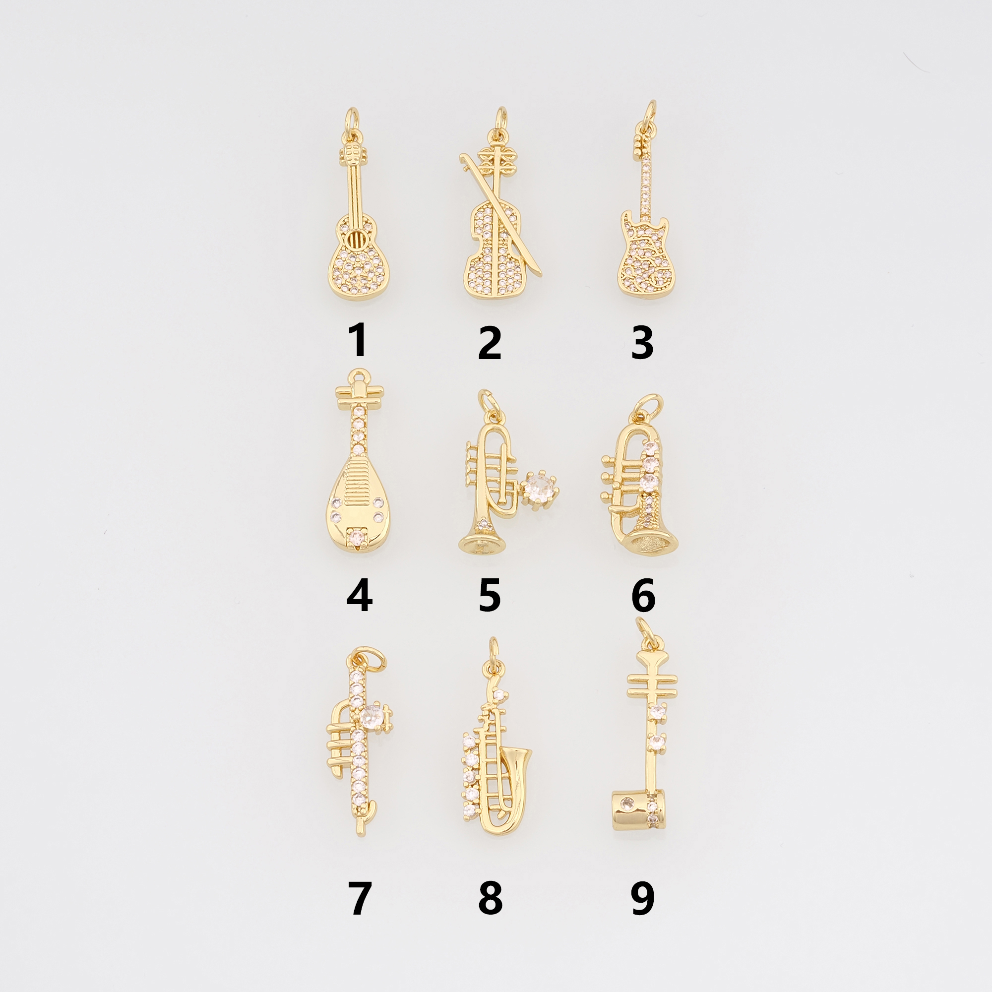 18K Gold Filled Violin Pendant,Guitar Pendant,CZ Musical Instrument Charm Earrings Necklace for DIY Jewelry Making Supply