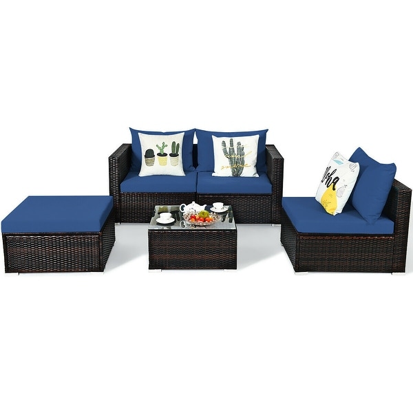5PCS Patio Rattan Furniture Set Sectional Conversation Sofa w/ Coffee