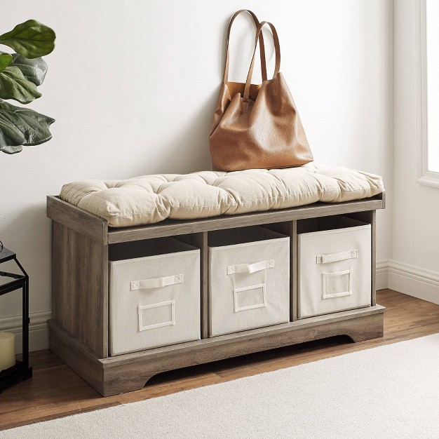 Upholstered Wood Entryway Bench With Storage Gray Wash Saracina Home