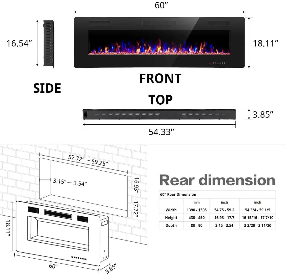 Electric Fireplace Recessed and Wall Mounted,830C3,836C3,842C3,850C3,860C3,868C3