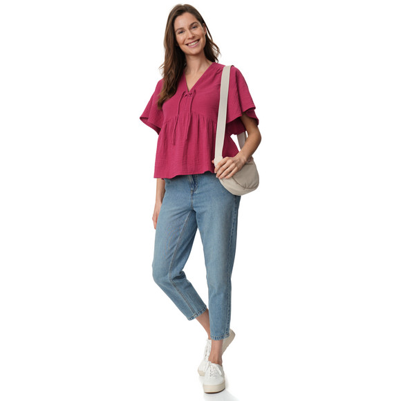Gina Damen Musselin-Bluse mit Kordel-Ausschnitt