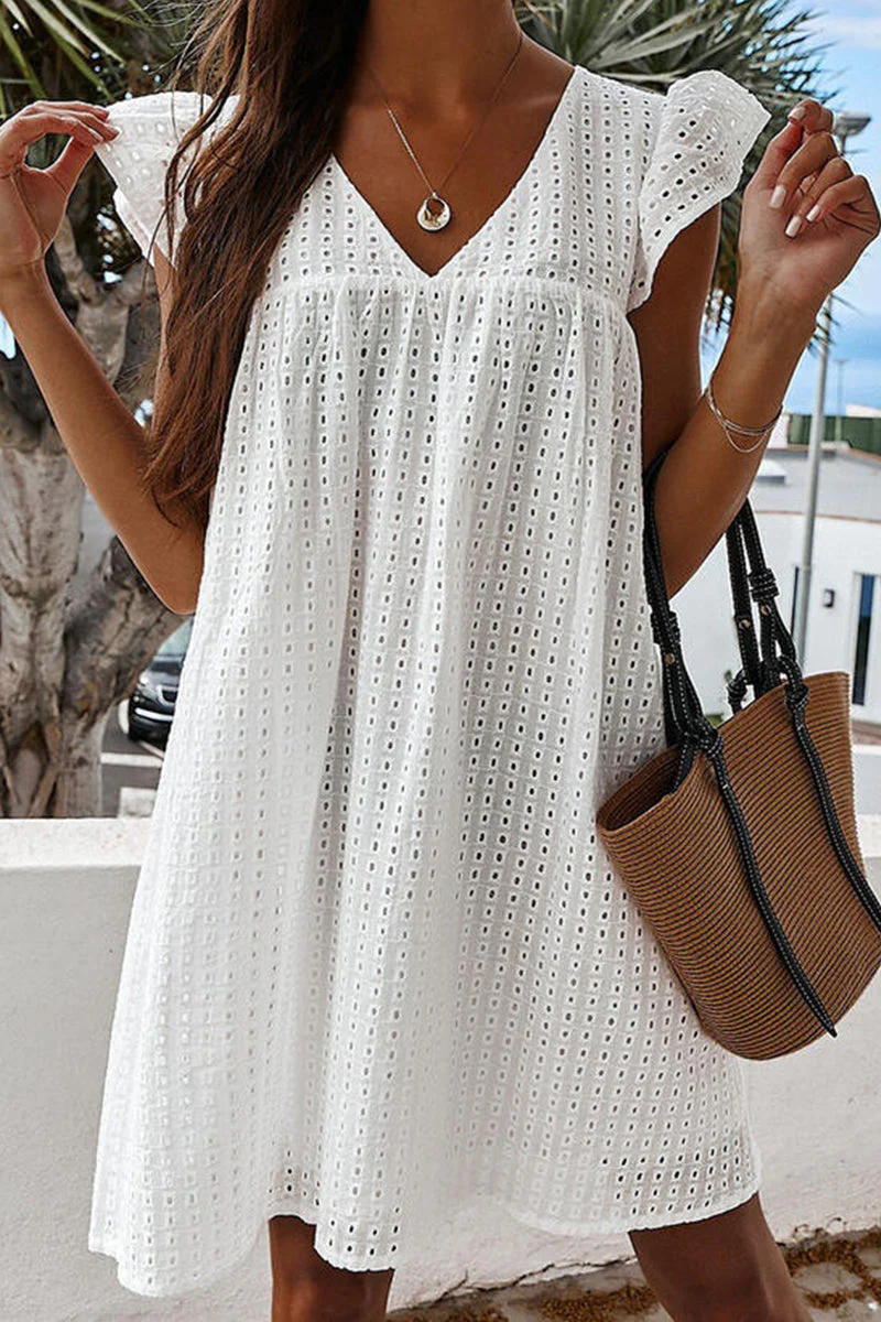 Lace V-Neck Beach Mini Dress with Flutter SleevesClistos