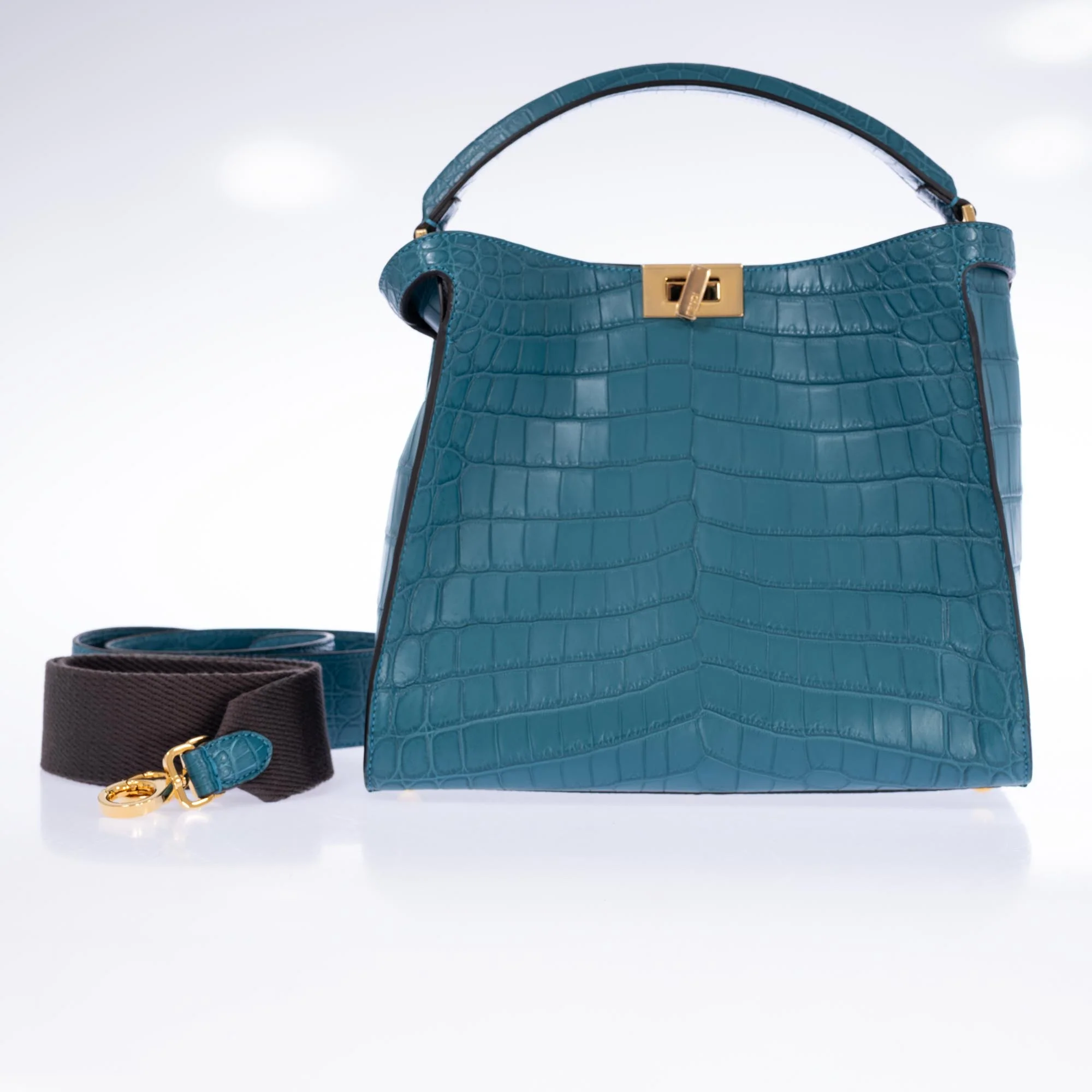 Fendi Peekaboo X-Lite Large Soft Matte Turquoise Crocodile Gold Hardware