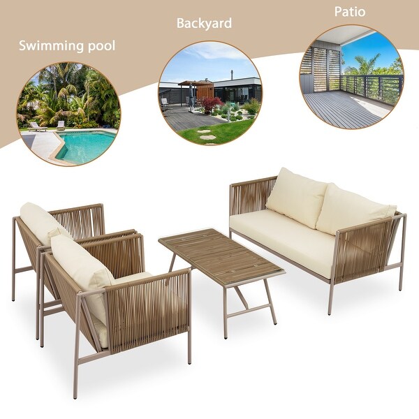 4Piece Rope Patio Conversation Set With Thick Cushions,With Toughened Glass Tabletop
