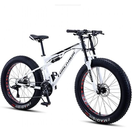 Fat Tire Mountain Bike 26 Inch for Men and Women, 27 Speed Dual-Suspension Adult Mountain Trail Bikes with 4 Inch Knobby Tire, All Terrain Bicycle with Adjustable Seat & Dual Disc Brake