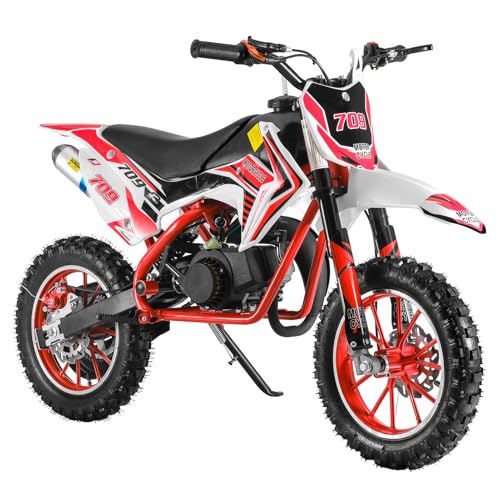 49cc 2-Stroke Kids Dirt Bike, Gas Power Motocross, Off Road Mini Motorcycle, Pocket Motorbike with Front Rear Disc Brakes, Racing Max Speed 30KM/H (Red)