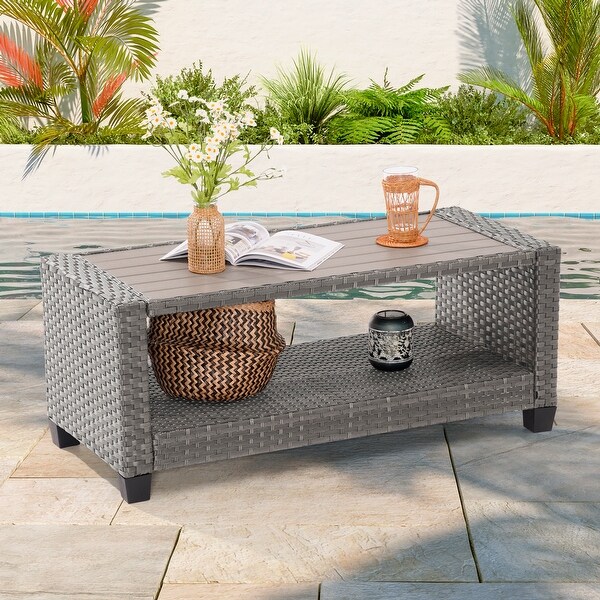 BONOSUKI Outdoor PE Rattan Side Table,Rectangular Coffee HIPS Tabletop