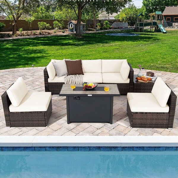 Gymax 7PCS Patio Rattan Furniture Set Fire Pit Table Cover Cushion