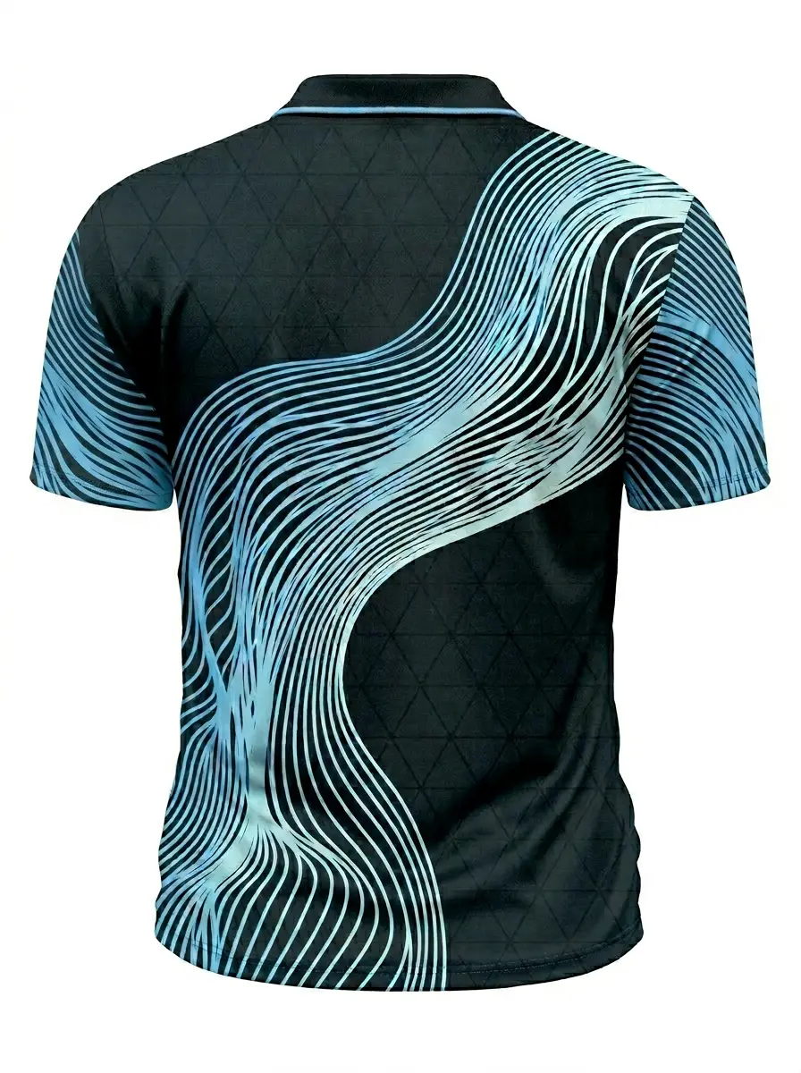 Moisture Wicking Golf Polo 3D Black Blue Wave Line Button Short Sleeve Golf Polo Shirt