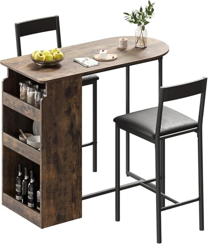 GAOMON Small Kitchen Table for 2, Stylish Bar Table and Chairs Set with Storage Shelves, Perfect for Breakfast Nook or Dining Area, Space-Saving Design in Elegant Brown