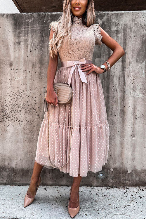 Lace Mock Neck Sleeveless Swing DressClistos