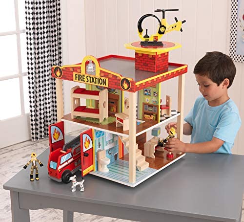 KidKraft Wooden Fire Station Set for 360 Degree Play - Wooden Construction,  Bendable Figures, Young Children Toy