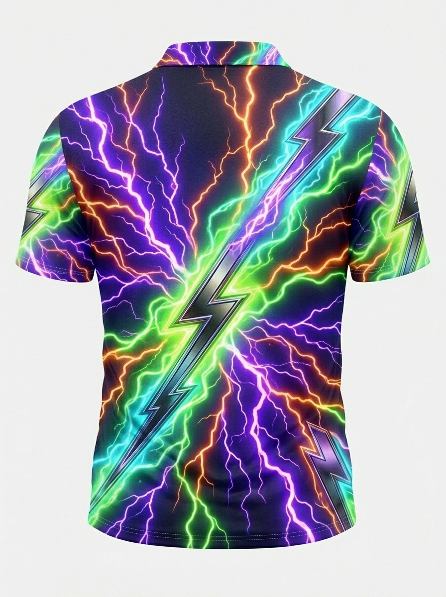 Moisture Wicking Golf Polo 3D Multicolor Neon Lightning Button Short Sleeve Golf Polo Shirt