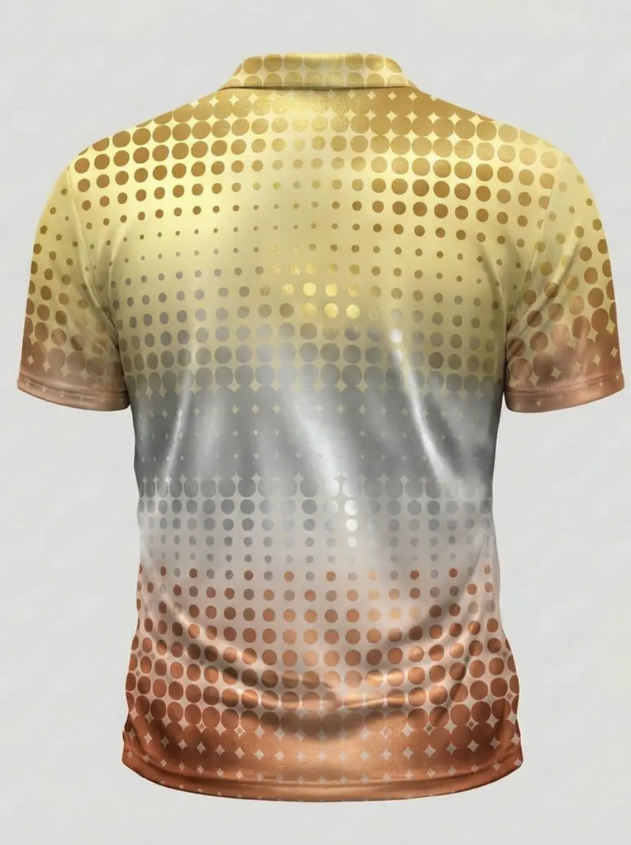 Moisture Wicking Golf Polo 3D Gold Silver Copper Gradient Dot Pattern Button Short Sleeve Golf Polo Shirt