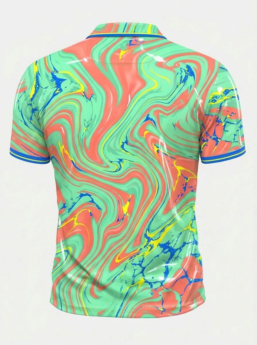 Moisture Wicking Golf Polo 3D Green Red Swirl Cracked Button Short Sleeve Golf Polo Shirt