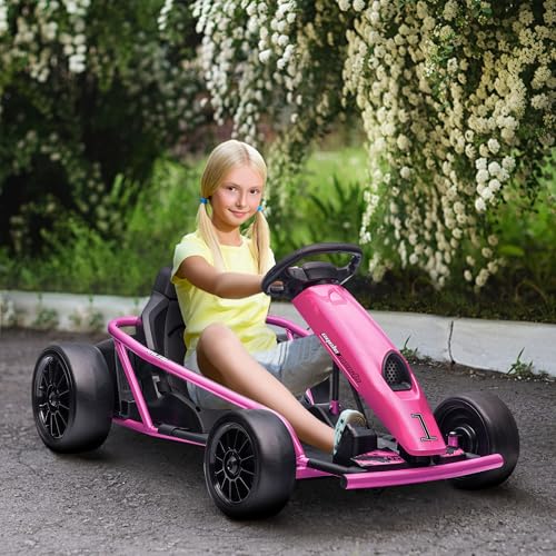 Aosom 24V 8.1 MPH Electric Go Kart, Drifting Car Battery Powered Ride on Toy Outdoor with Slow Start, Music, Horn Honking and Safety Belt, for 8-12 Years Old, White