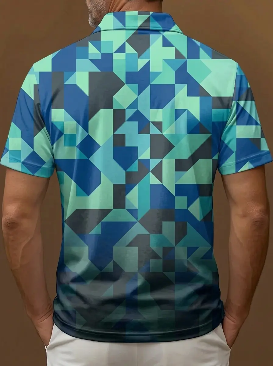 Teal Blue Pixel Geometric Gradient Print Short Sleeve Golf Polo Shirt