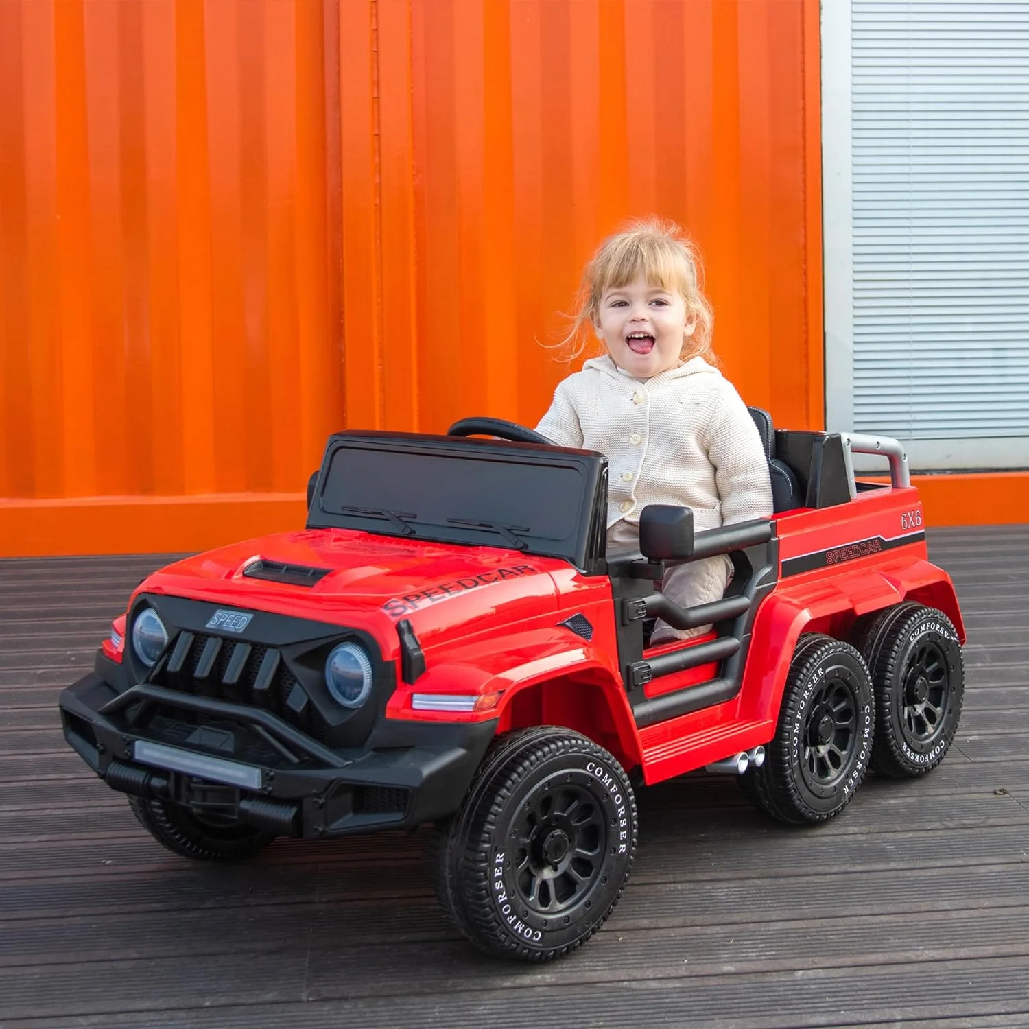 24V Ride On Car for Kids with 6 Wheel, 24V Battery Powered Ride On 4WD Electric Vehicle with Remote, Parental Rear Seat, 5-Point Safety Belt, Storage Space, Carrying Handle, Music, LED Lights (Red)