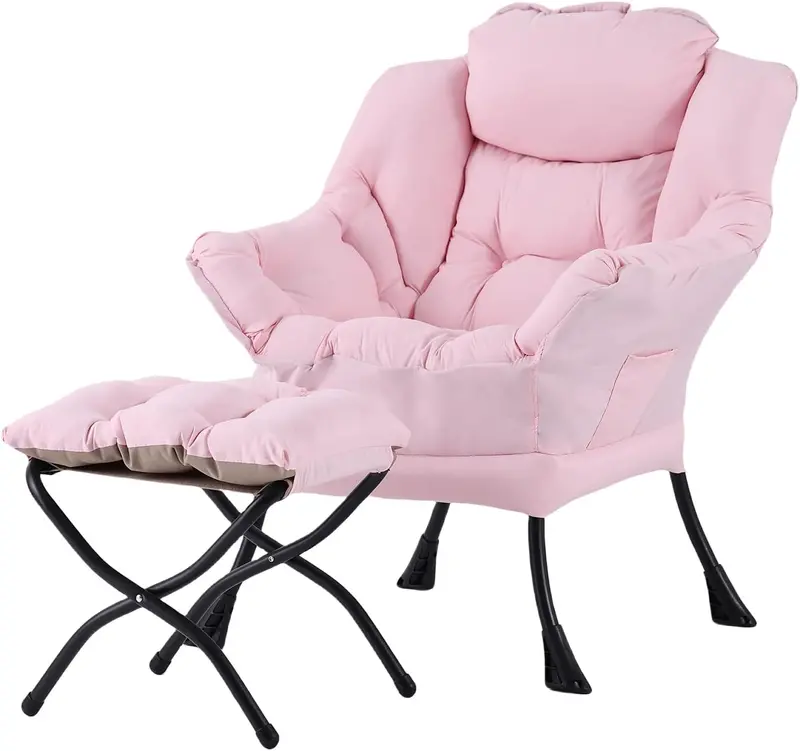 Welnow Modern Lazy Chair with Ottoman – Compact Accent Armchair Featuring Side Pocket and Footrest