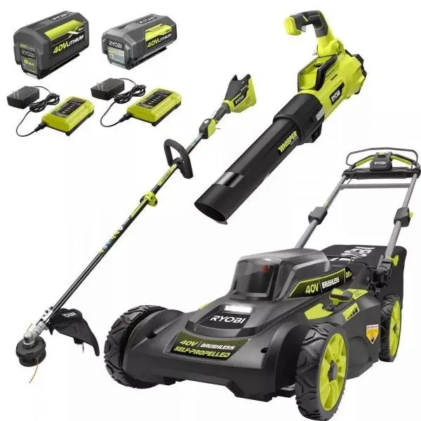 RYOBI 40V Brushless 20-Inch Self-Propelled Lawn Mower Combo – Includes Trimmer, Blower, 2 Batteries & Chargers