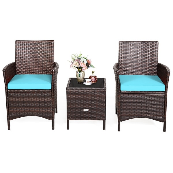 Costway 3PCS Patio Rattan Furniture Set Cushioned Sofa Glass Tabletop