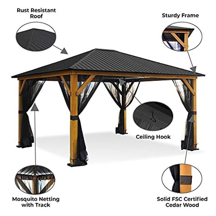 asteroutdoor-12 Ft. W x 14 Ft. D Outdoor Cedar Wood Hardtop Patio Gazebo with Metal Roof and Insect Netting