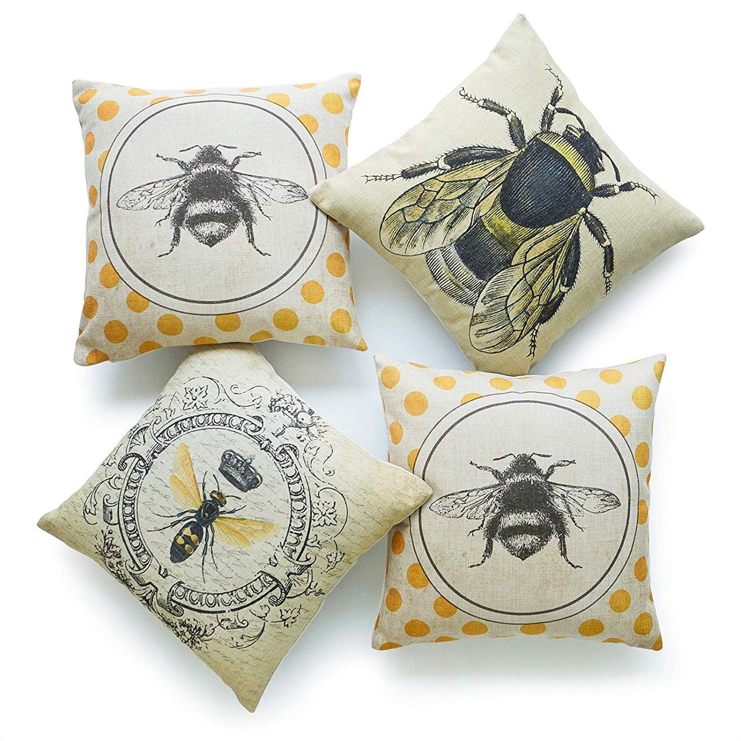 SUFAM Set of 4 Pillow Cases French Country Yellow Dots Modern Queen Honey Bee Vintage Throw Pillowcase Cover Cushion Case Home Decor 18x18 inch
