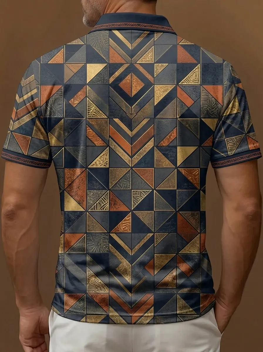 Dark Blue Bronze Geometric Triangle Print Short Sleeve Golf Polo Shirt
