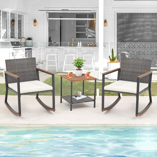 3 Piece Rocking Chair Patio Bistro Set Balcony Chairs Conversation Sets With Coffee Table and Cushions
