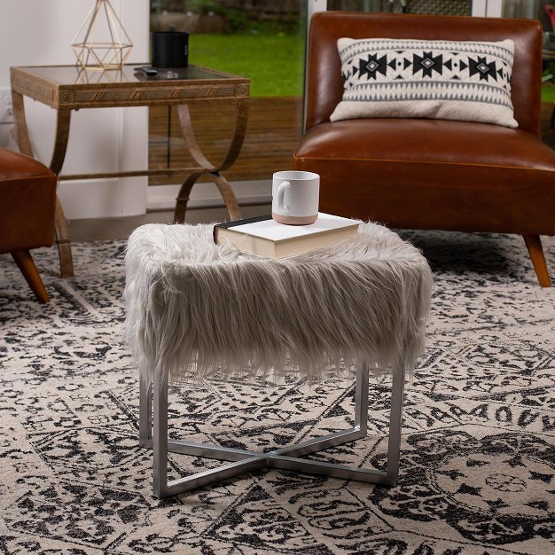 Birdrock Home Rectangular Grey Faux Fur Foot Stool Ottoman With Grey Legs