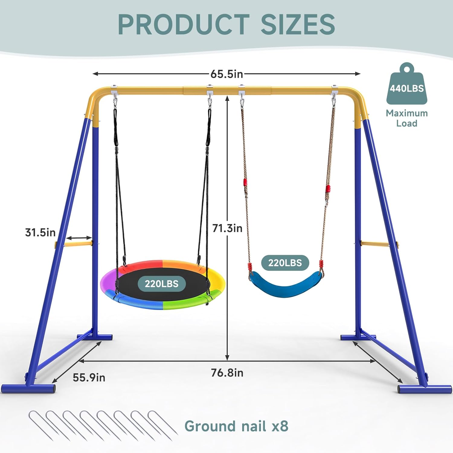 Swing Sets for Backyard, Toddler Swing Set with 2 Seat 1 Saucer & 1 Belt Seat, 440lbs Heavy-Duty Swing Frame w/8 Ground Stakes, A Frame Outdoor Swingset for Kids and Adults for Backyard