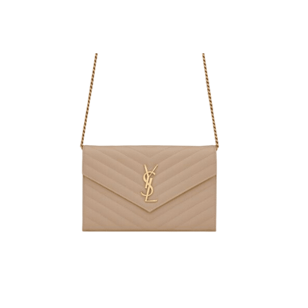 Saint Laurent Cassandre Matelasse Chain Wallet In Grain De Poudre Embossed Beige 22Cm