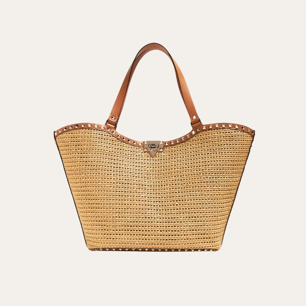 Valentino Garavani Rockstud Raffia Tote Bag Brown 31cm