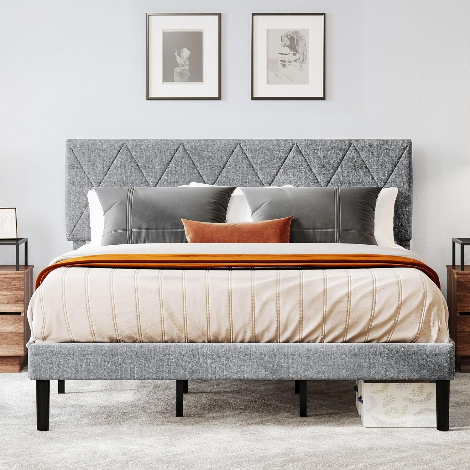 Kig Size Bed Frame With Adjustable Headboard, 14 Ich Upholstered Platform Bed With Sturdy Woode Slats Support, Hold Up To 1000Lbs, Uder-Bed Storage, o Box Sprig eeded, oise , Grey