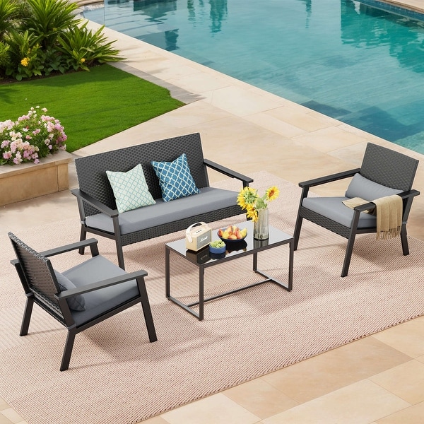 4 Pieces Patio Furniture Set with Deep Seat Cushions,Wicker Parlor Set with Table