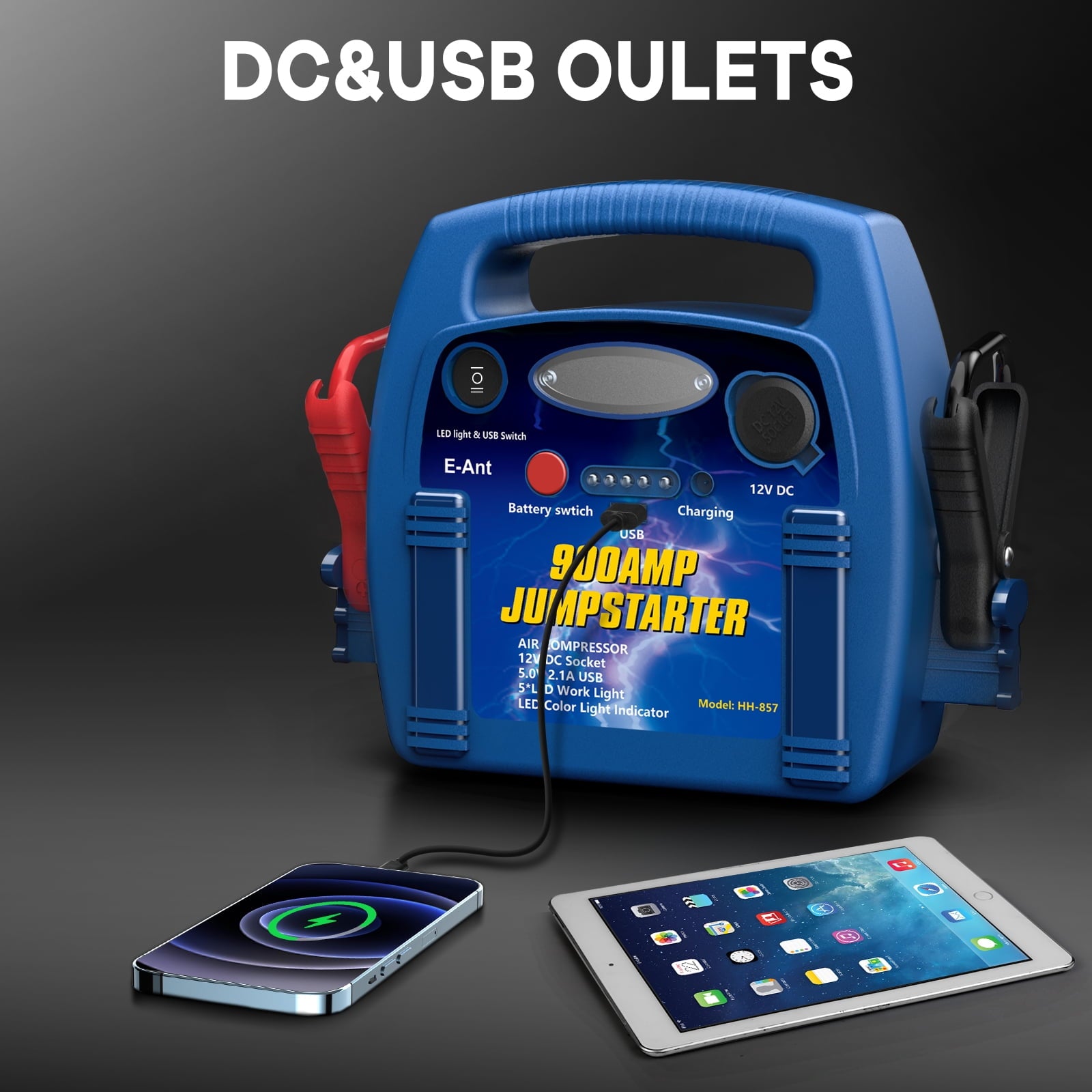 E-Ant Jump Starter with Air Compressor, 900A Peak Jump Starter, 260 PSI Tire Inflator, 12V Battery Jumper Starter Portable, Jumper Cables for Up to 6.0L Gas/4.0L Diesel Engines with DC/USB Ports-Blue