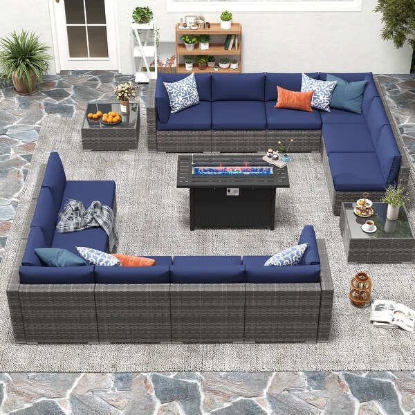 15 Piece Wicker Set Patio Sofa Furniture with Fire Pit And Table