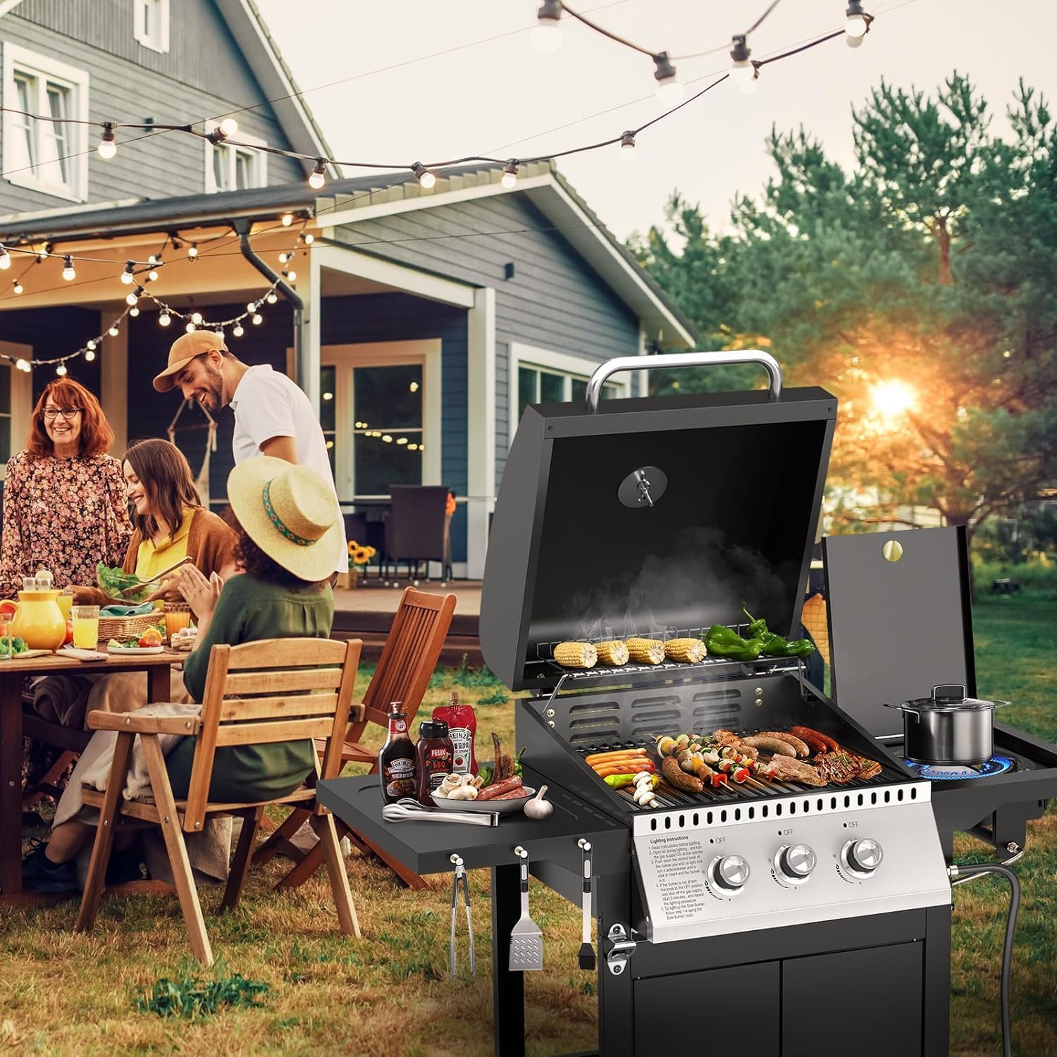 3 Hearth Propane Gas Grill, 355 Sq. Inch Cooking Area, Outdoor Camping Picnic, Black