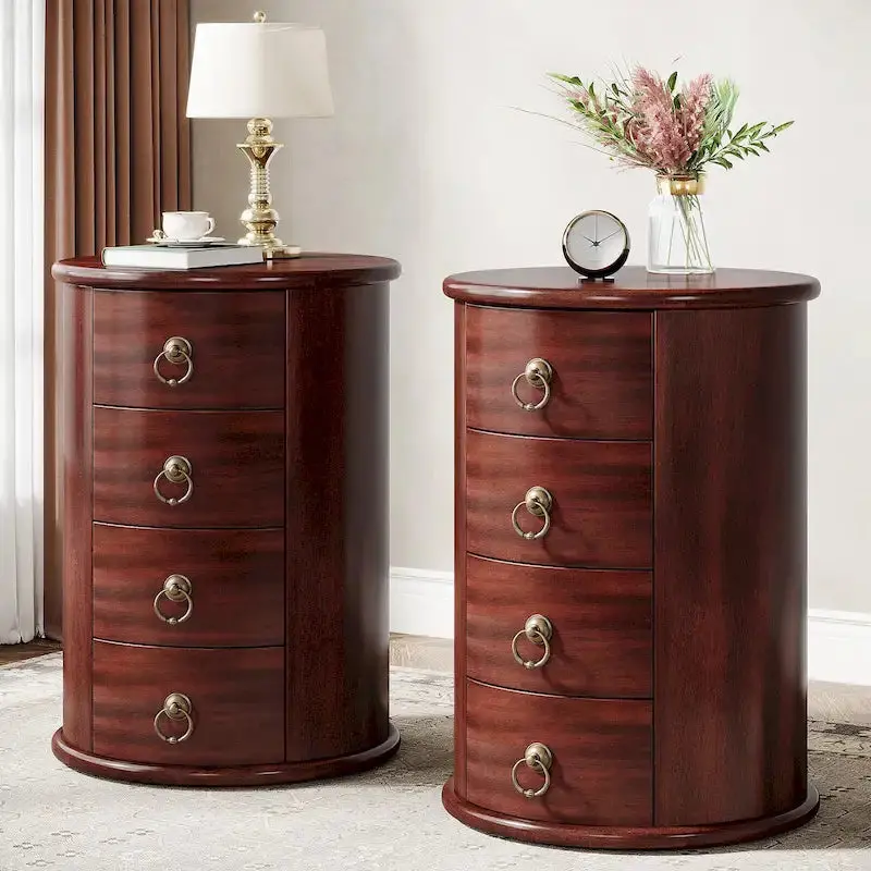 Vintage-Inspired Solid Wood End Table – Round Shape, Drawer Storage, Zero Assembly Required