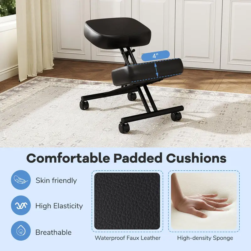 Upholstered Kneeling Desk Chair with 360° Swivel and Locking Caster Wheels