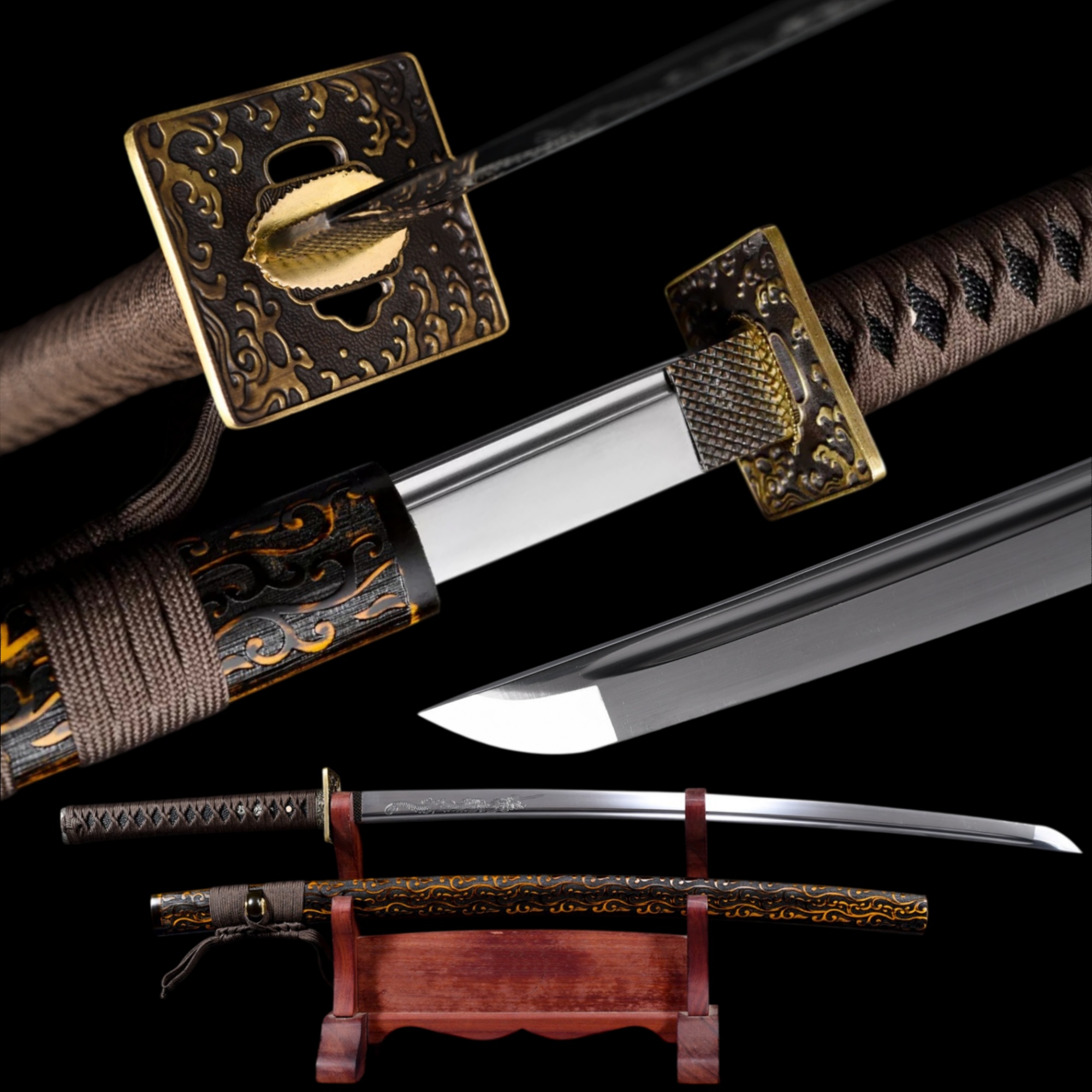 Handmade Katana High Carbon Steel Wave Tsuba Full Tang Samurai Sword