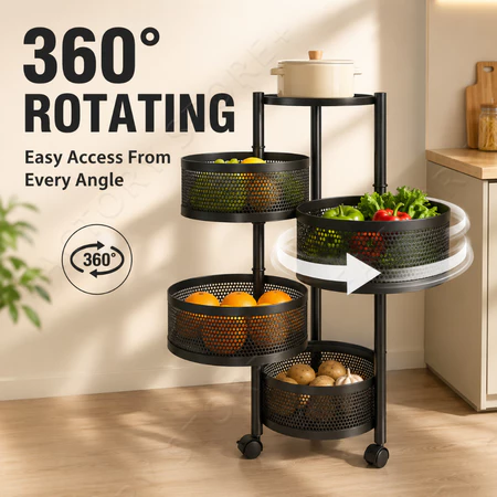 5 Tier Rotating Storage Rack with Wheels Kitchen Organizer Rolling Cart Vegetable Fruit Basket Space