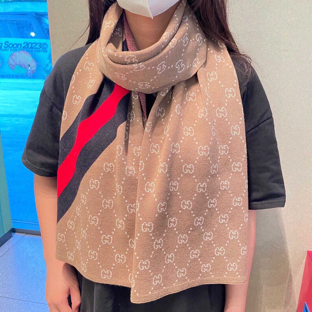 Gucci Cashmere Scarf Stripe Brown Beige For Women 190cm