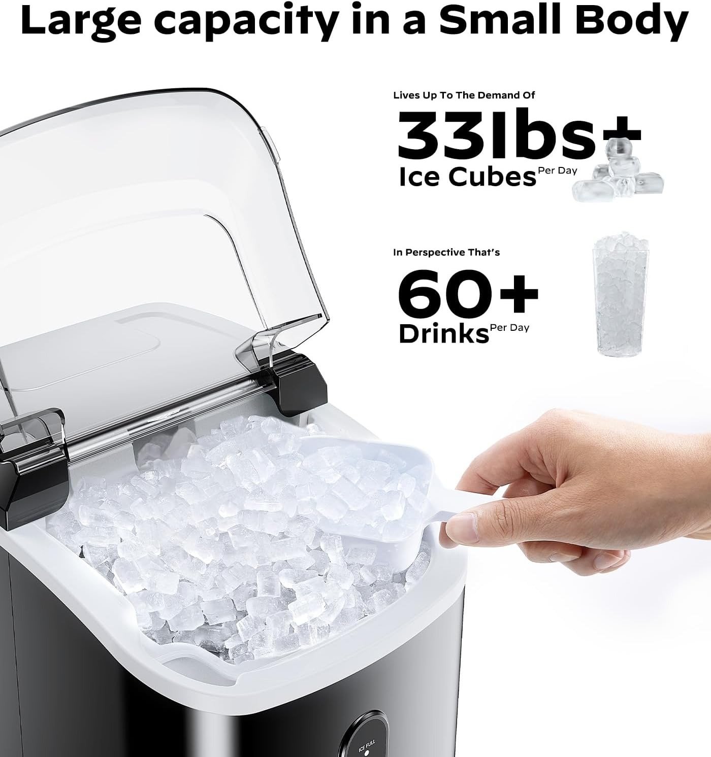 Nugget Ice Maker Countertop, Chewable Pellet Ice Machine with Self-Cleanin Function, 33lbs/24H Portable Ice Makers for Home Kitchen Officce, Black