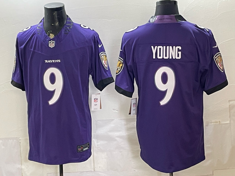 Men's Baltimore Ravens Zion Young #9 Purple Team Game Jersey