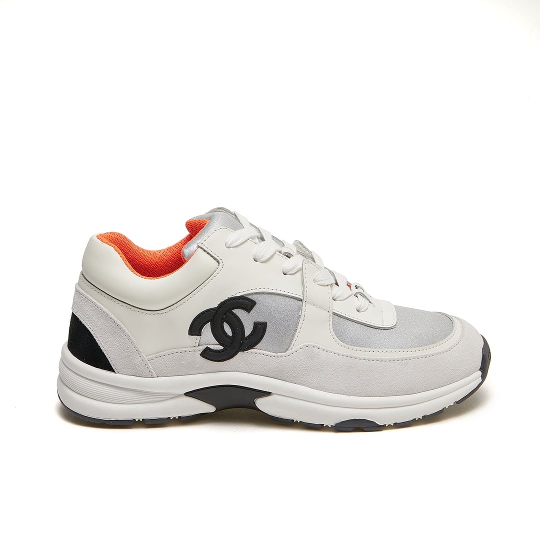 Chanel Suede And Leather Cc Low Top Sneakers White Orange
